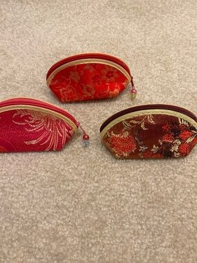 Asian Chinese 3 Red Pink Brown Pouch Bag Lot Floral Pattern Zip 2" x 2.5" x 5"